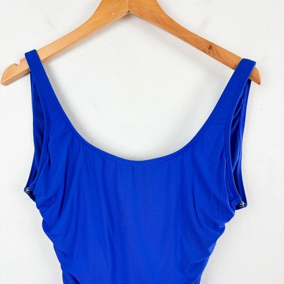 Carman Marc Valvo Blue Ruched One Piece Swimsuit Sz 12 - Picture 3 of 8